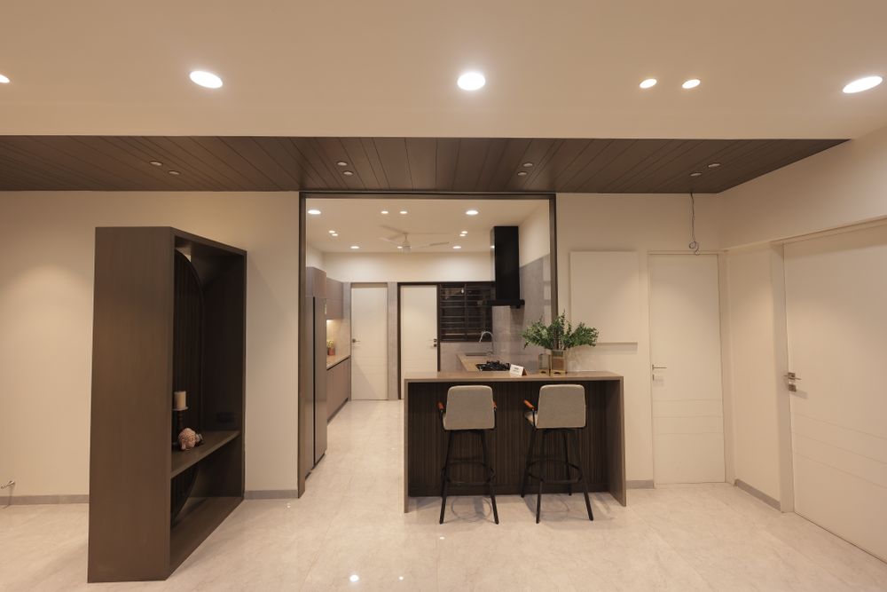 Recessed ceiling lights illuminating a contemporary kitchen